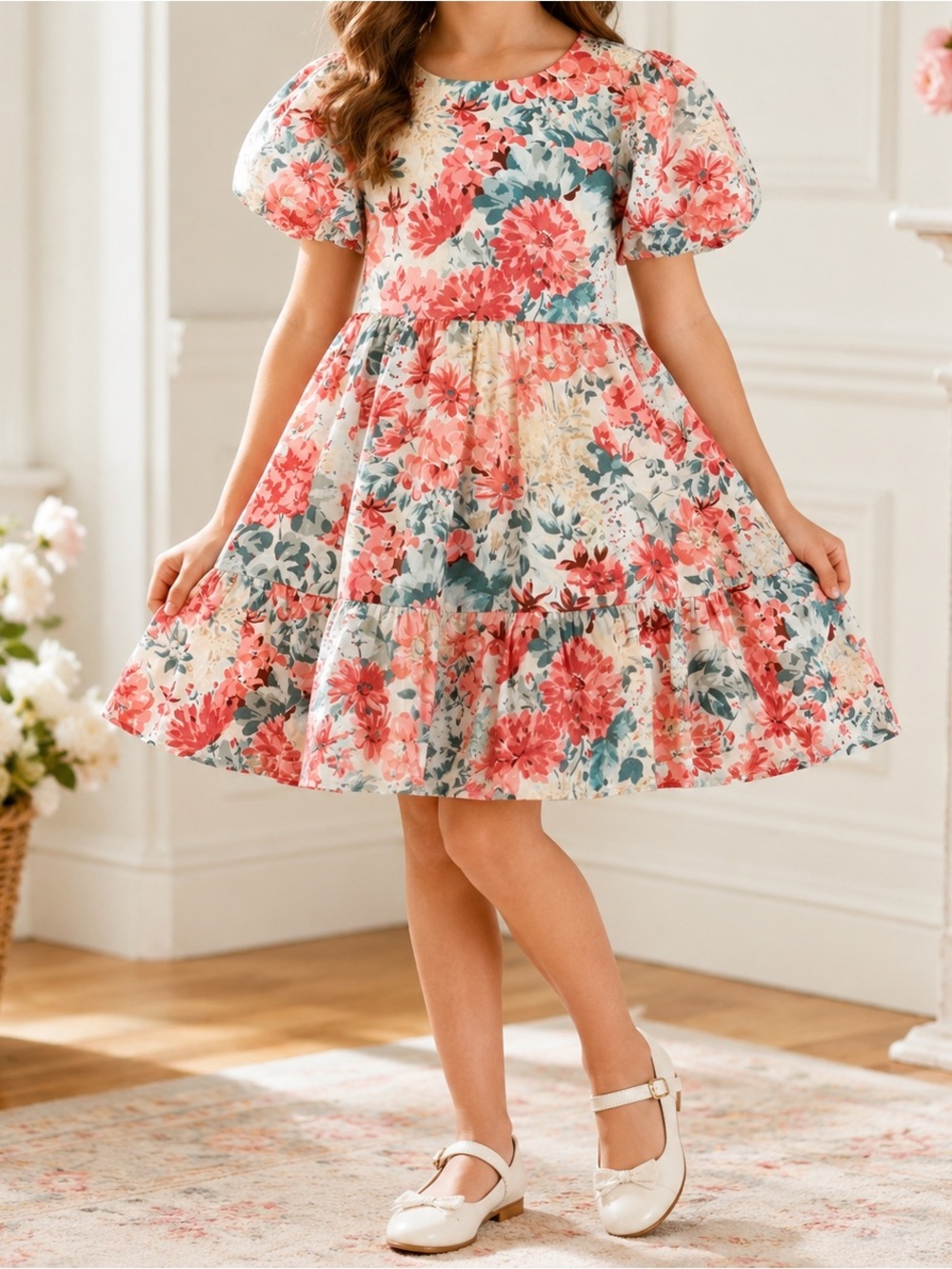 Janie & Jack Floral Fit & Flare Puff Sleeve Dress Girls 12 NWT Cotton